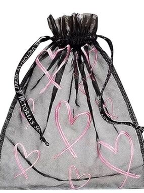 Victoria's Secret Black Sheer Drawstring Pouch with Pink Heart Embroidery